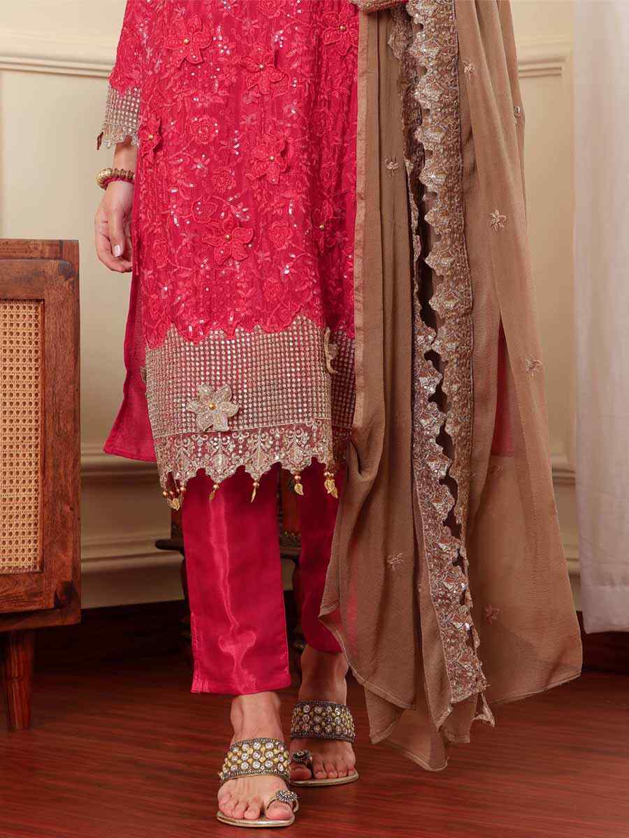 Pink Chinon Silk Embroidered Festival Casual Pant Salwar Kameez