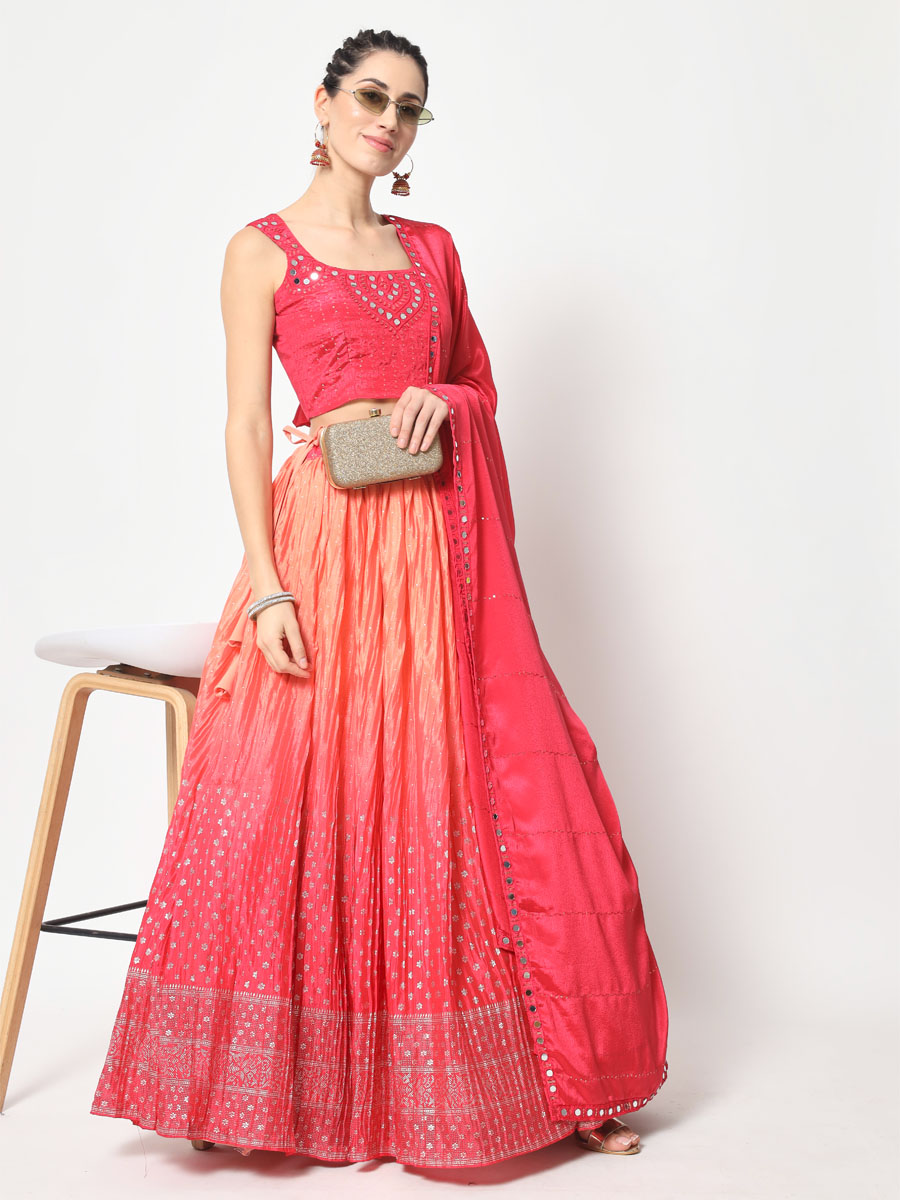 Pink Chinon Silk Embroidered Festival Party Wear Heavy Border Lehenga Choli