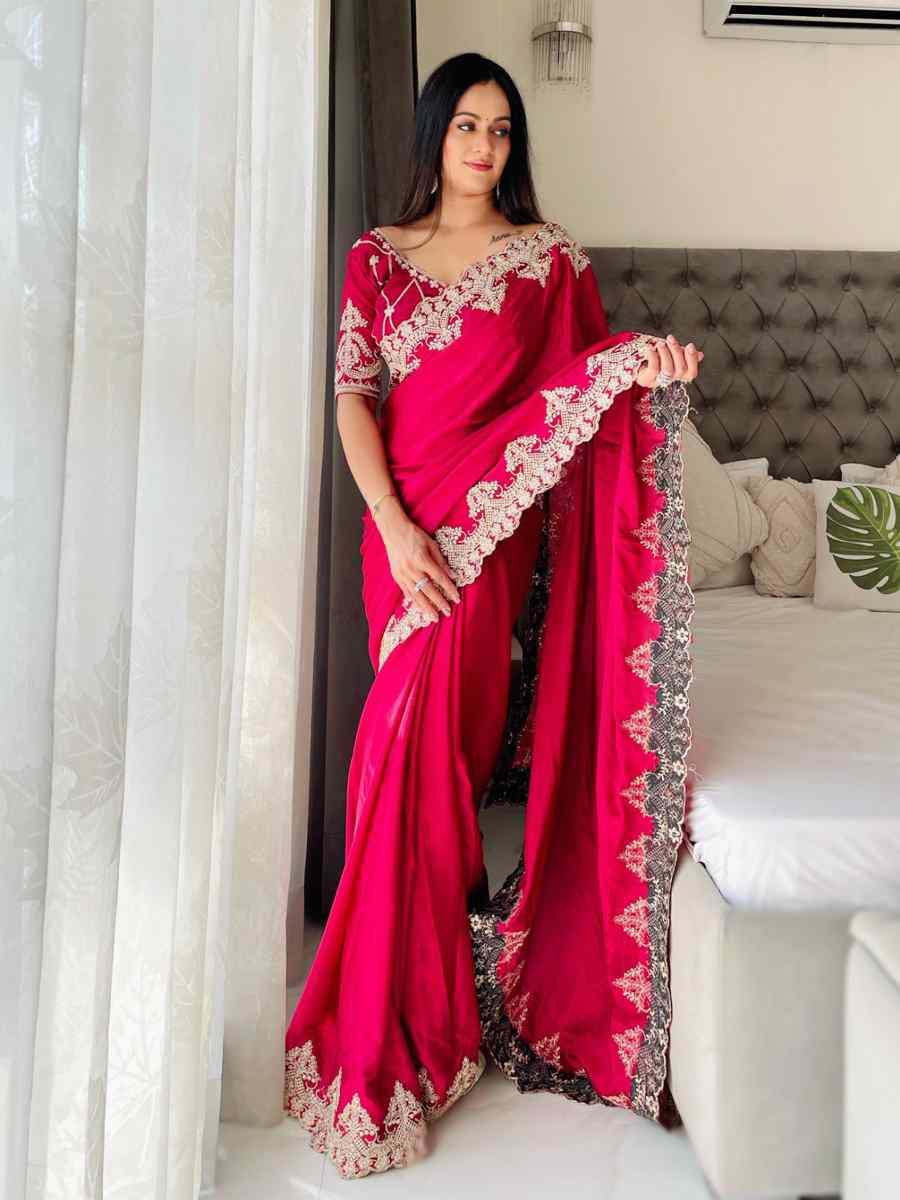 Pink Chinon Silk Embroidered Festival Wedding Fancy Heavy Border Saree