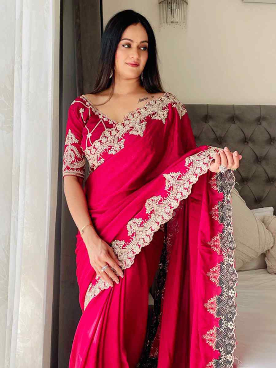 Pink Chinon Silk Embroidered Festival Wedding Fancy Heavy Border Saree