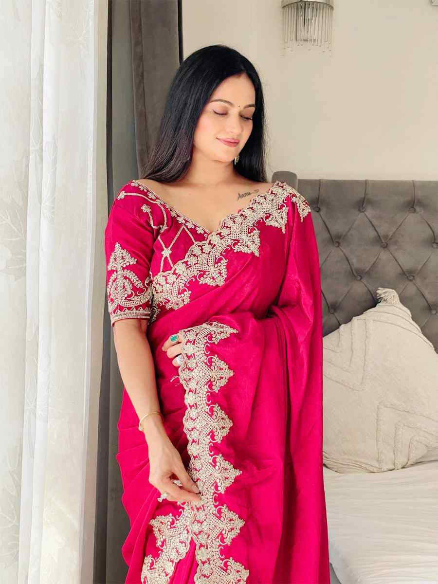 Pink Chinon Silk Embroidered Festival Wedding Fancy Heavy Border Saree