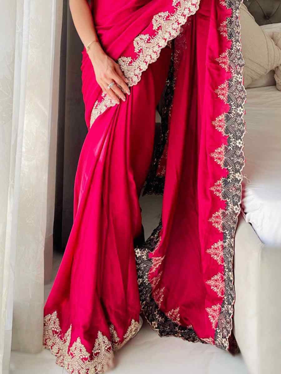 Pink Chinon Silk Embroidered Festival Wedding Fancy Heavy Border Saree