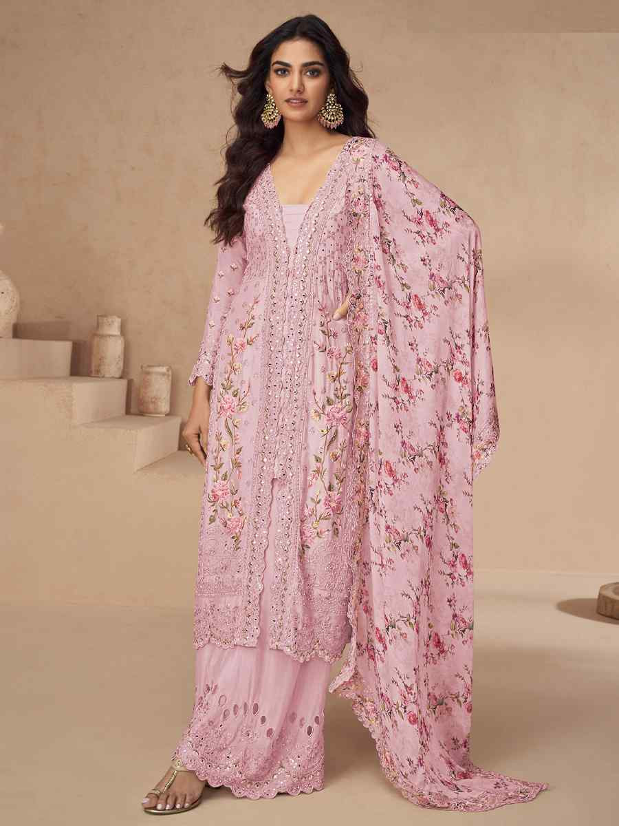 Pink Chinon Silk Embroidered Party Casual Ready Palazzo Pant Salwar Kameez