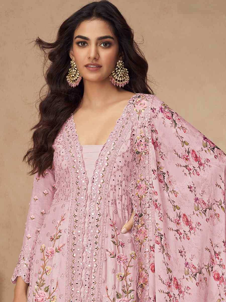 Pink Chinon Silk Embroidered Party Casual Ready Palazzo Pant Salwar Kameez