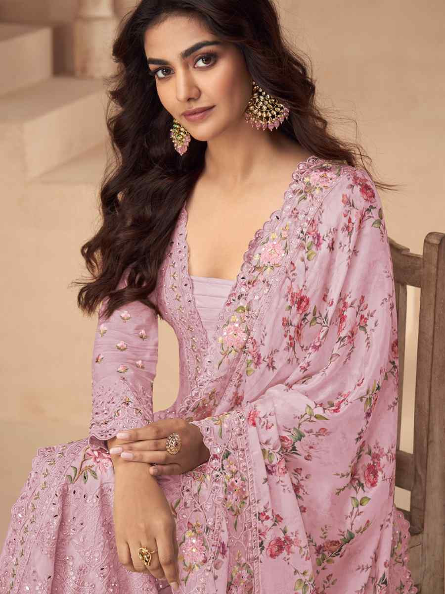Pink Chinon Silk Embroidered Party Casual Ready Palazzo Pant Salwar Kameez