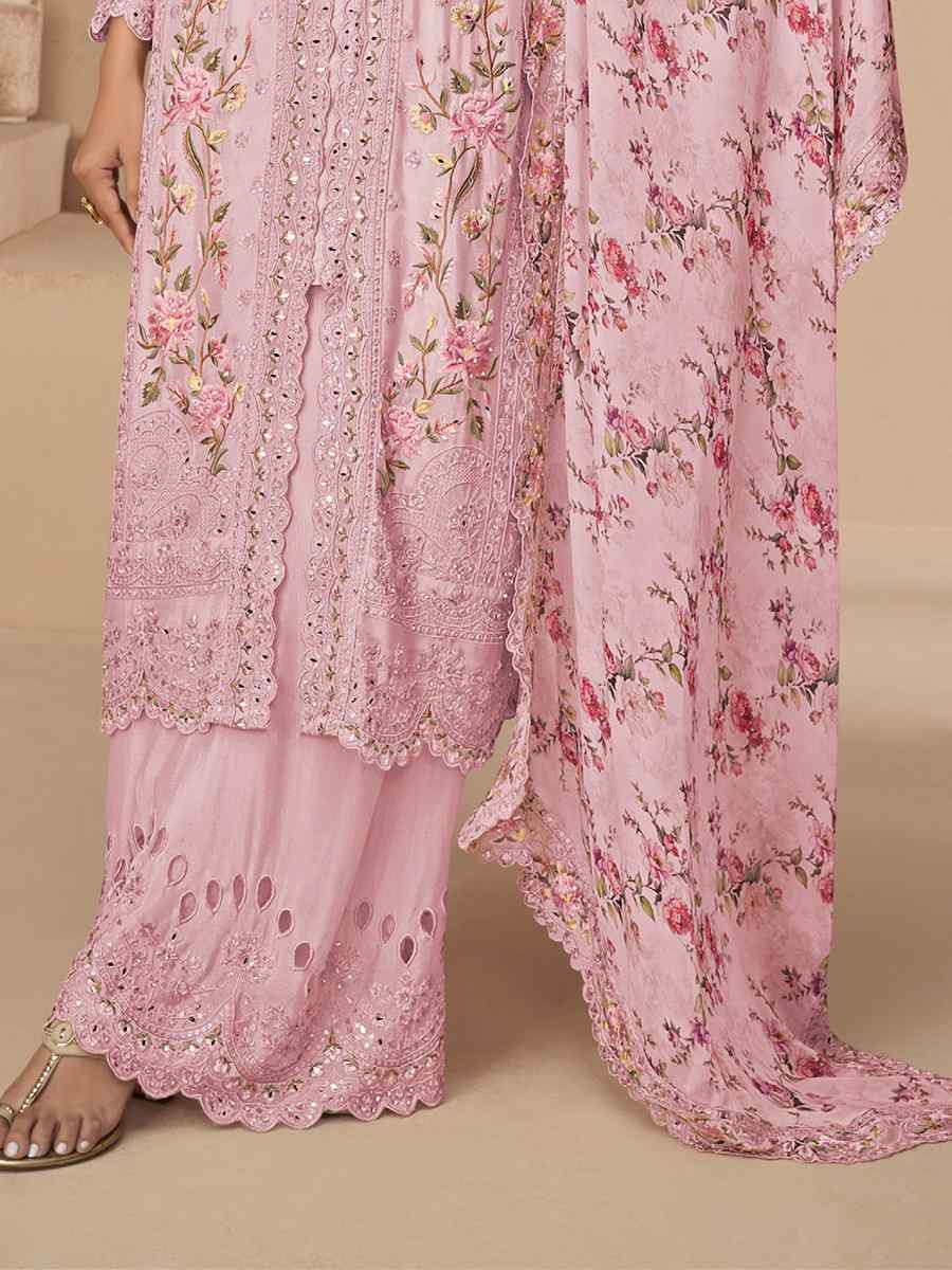 Pink Chinon Silk Embroidered Party Casual Ready Palazzo Pant Salwar Kameez