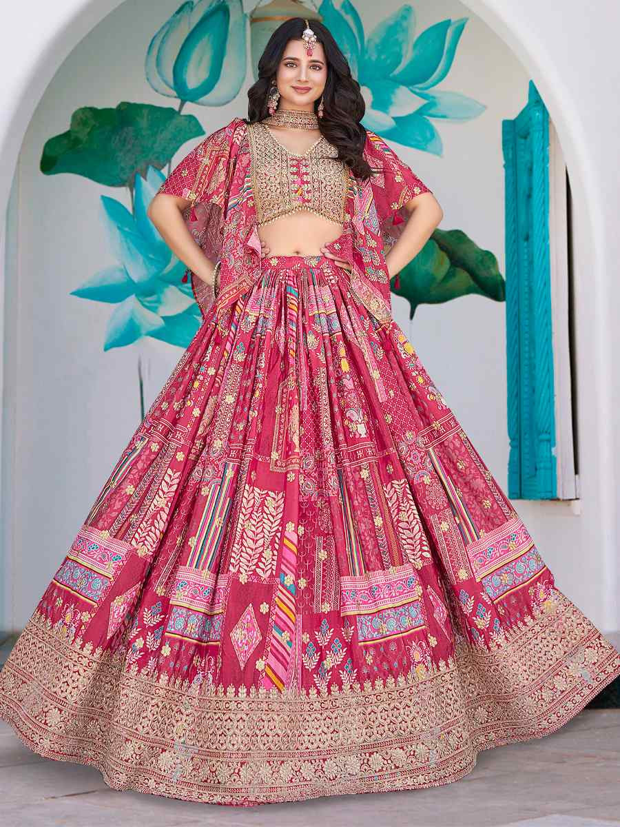 Pink Chinon Silk Embroidered Wedding Reception Festival Heavy Border Lehenga Choli