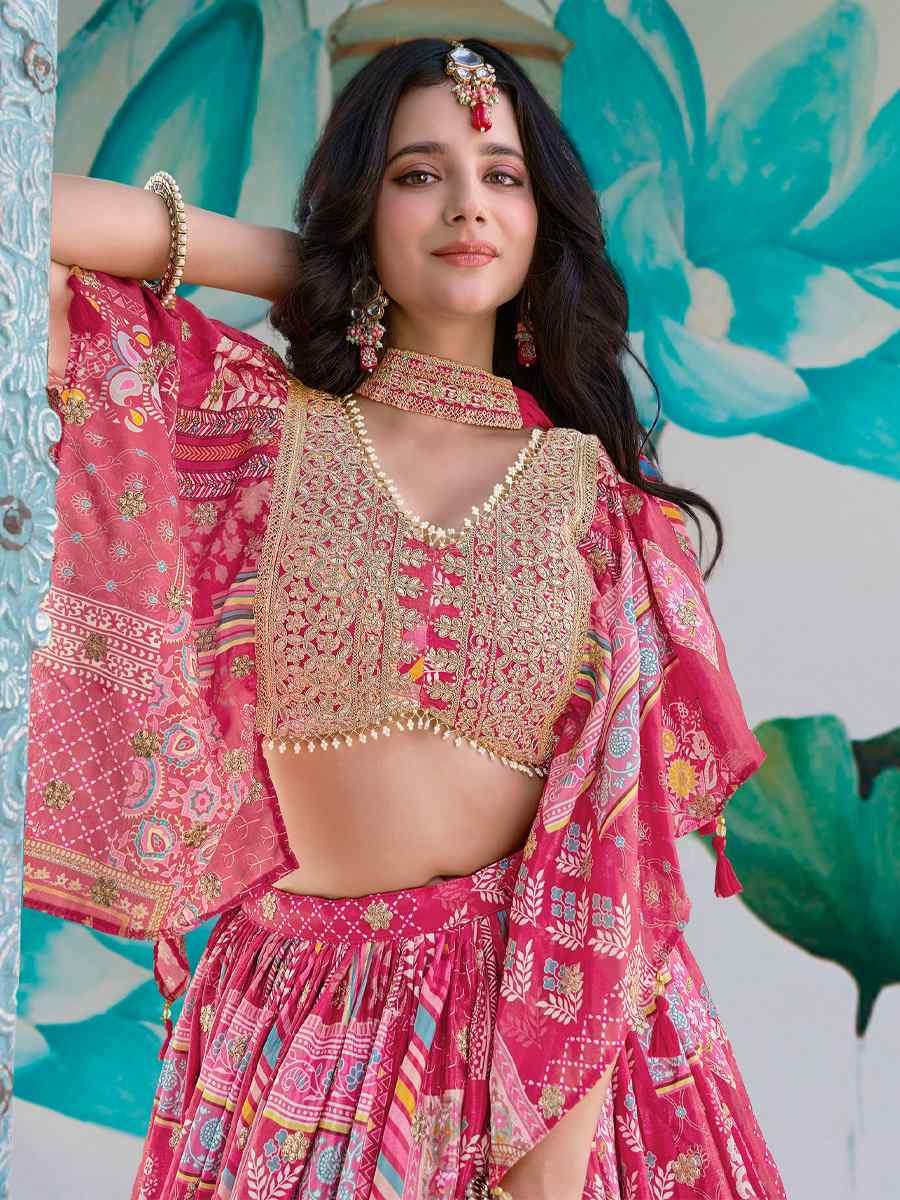 Pink Chinon Silk Embroidered Wedding Reception Festival Heavy Border Lehenga Choli