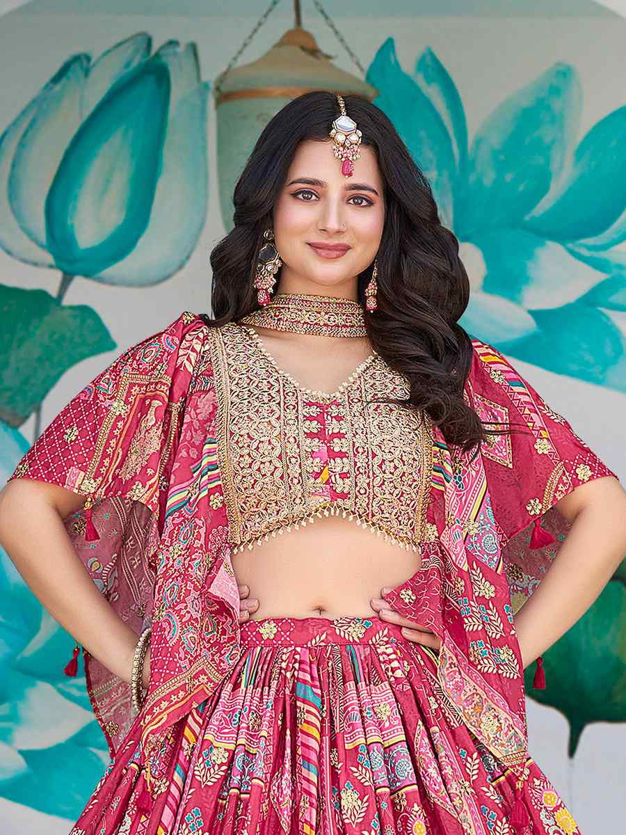 Pink Chinon Silk Embroidered Wedding Reception Festival Heavy Border Lehenga Choli