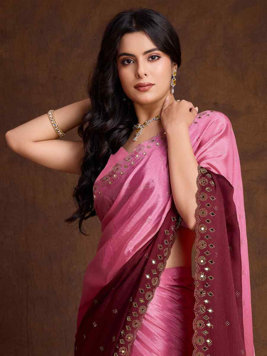 Pink Chinon Silk Embroidery Casual Reception Festival Wedding Fancy Heavy Border Sarees
