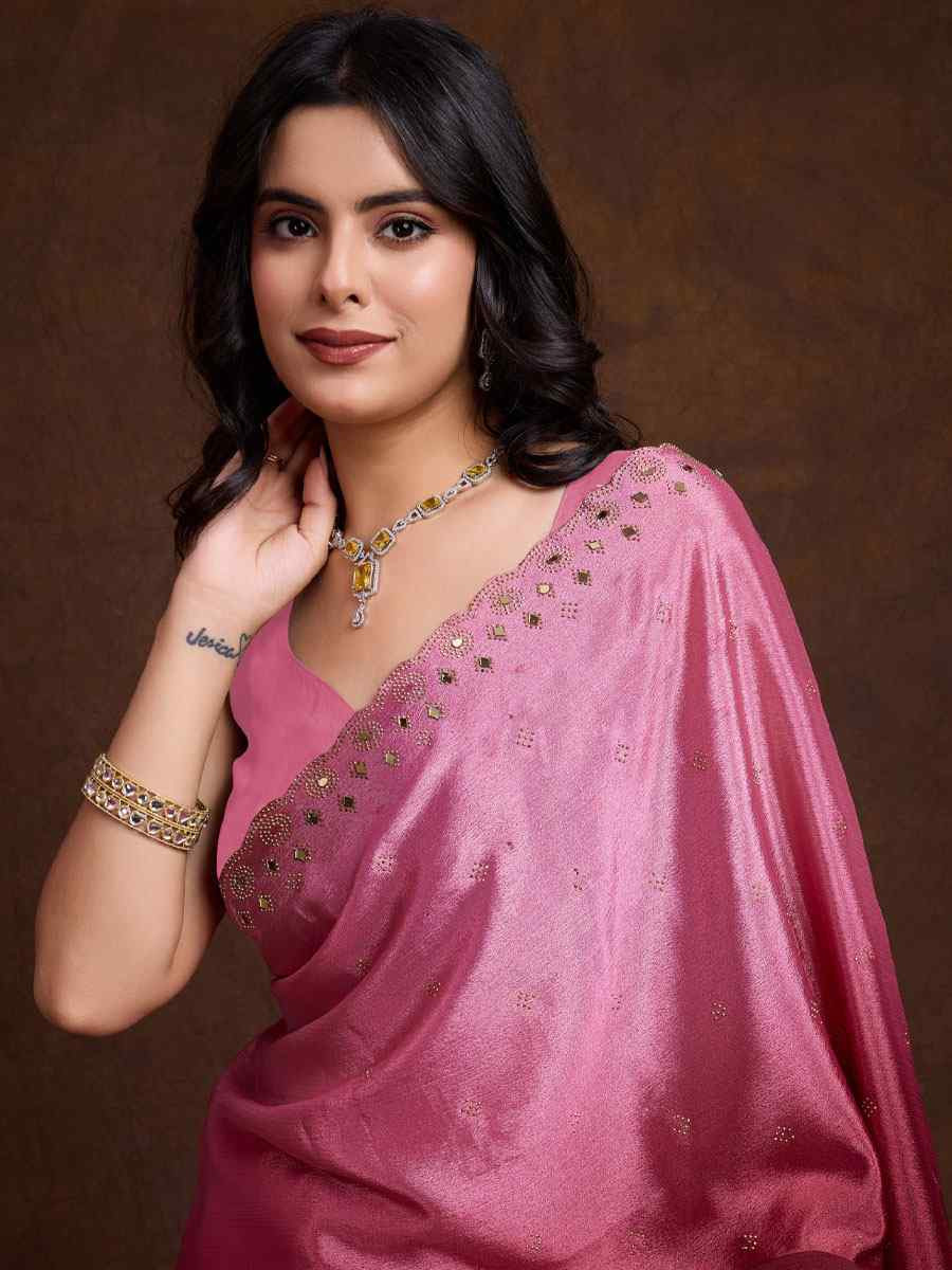 Pink Chinon Silk Embroidery Casual Reception Festival Wedding Fancy Heavy Border Sarees