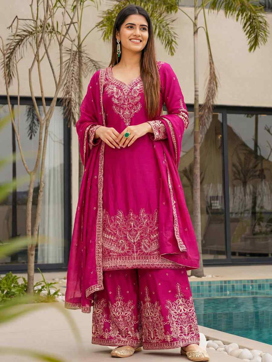 Pink Chinon Silk Embroidery Party Wedding Festival Casual Ready Palazzo Pant Salwar Kameez