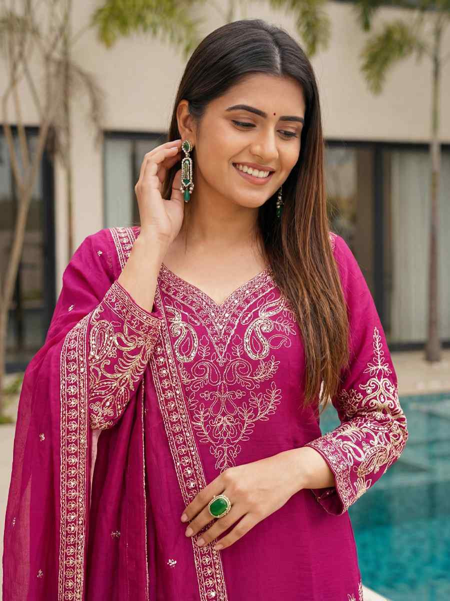 Pink Chinon Silk Embroidery Party Wedding Festival Casual Ready Palazzo Pant Salwar Kameez