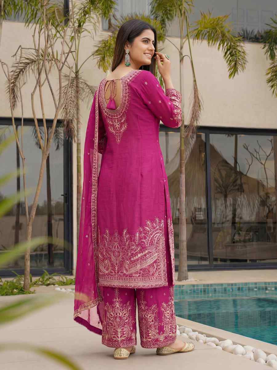 Pink Chinon Silk Embroidery Party Wedding Festival Casual Ready Palazzo Pant Salwar Kameez