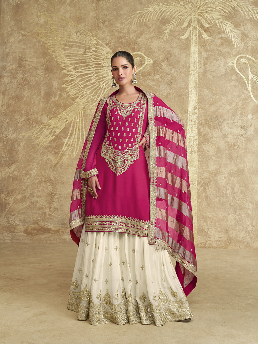 Pink Chinon Silk Embroidery Zari Sequins Wedding Party Festival Casual Palazzo Pant Salwar Kameez