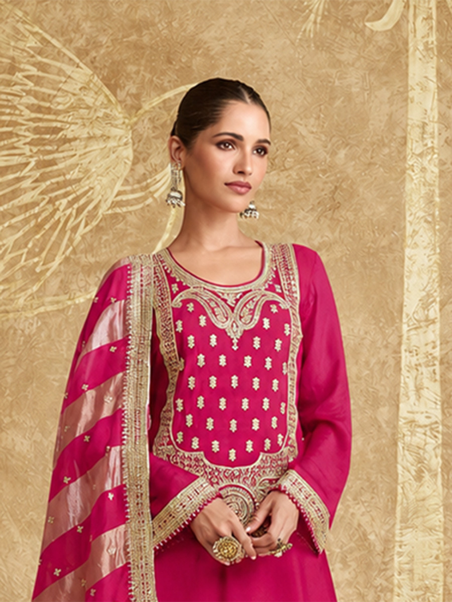 Pink Chinon Silk Embroidery Zari Sequins Wedding Party Festival Casual Palazzo Pant Salwar Kameez