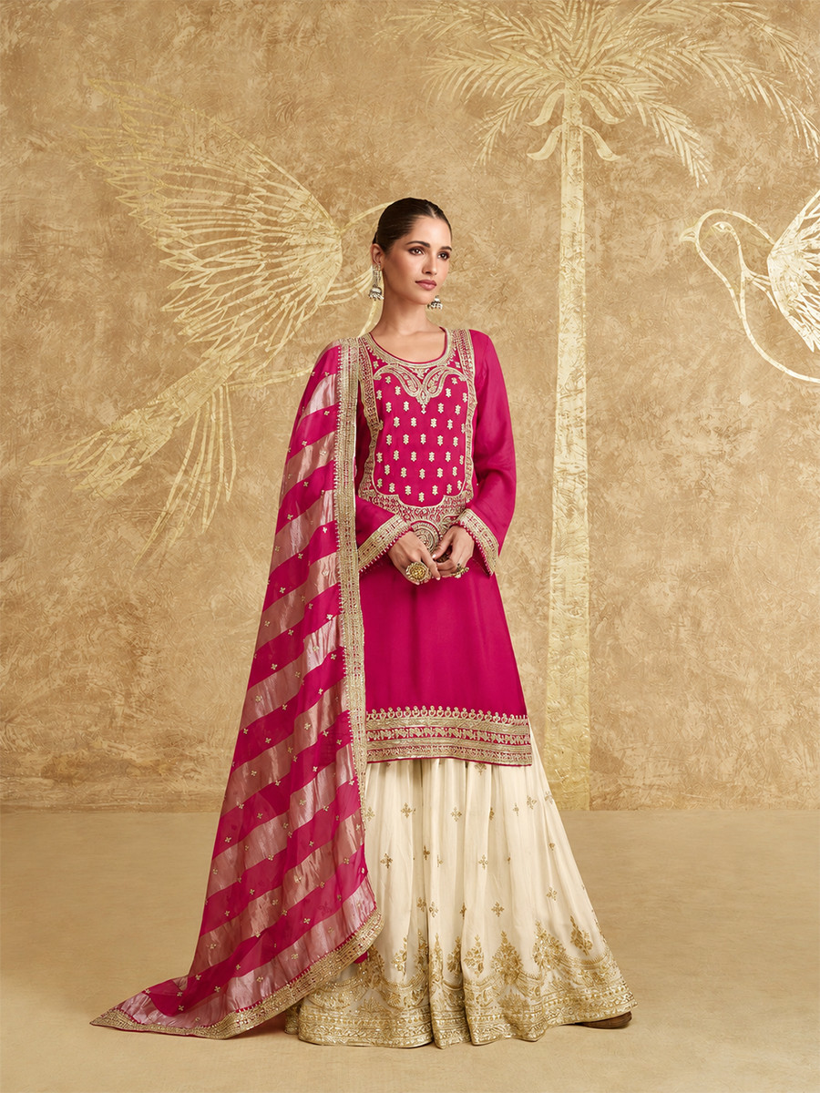 Pink Chinon Silk Embroidery Zari Sequins Wedding Party Festival Casual Palazzo Pant Salwar Kameez