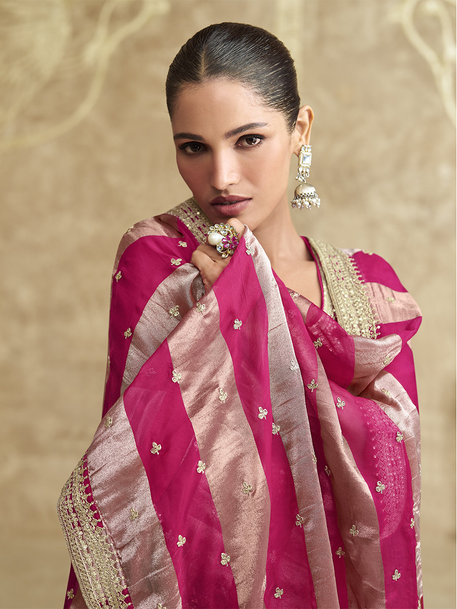 Pink Chinon Silk Embroidery Zari Sequins Wedding Party Festival Casual Palazzo Pant Salwar Kameez