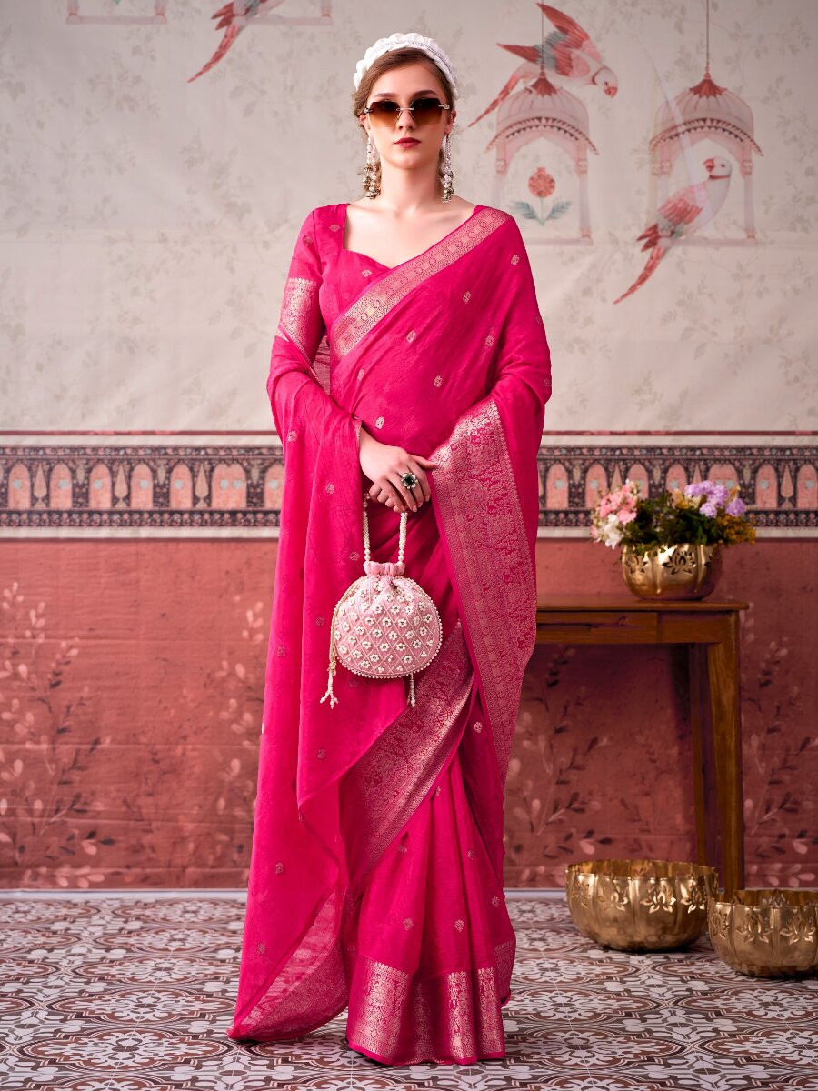 Pink Chinon Weaving Zari Printed Wedding Reception Party Festival Casual Heavy Border Sarees