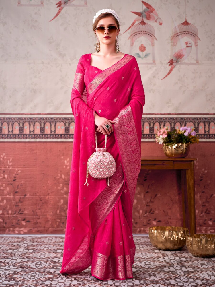 Image of Pink Chinon Weaving Zari Printed Wedding Reception Party Festival Casual Heavy Border Sarees