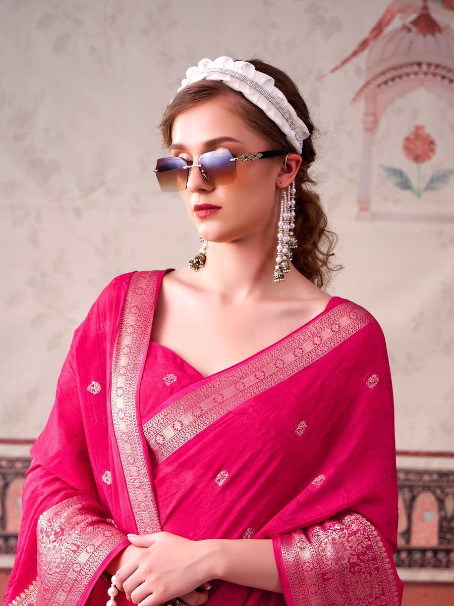 Pink Chinon Weaving Zari Printed Wedding Reception Party Festival Casual Heavy Border Sarees