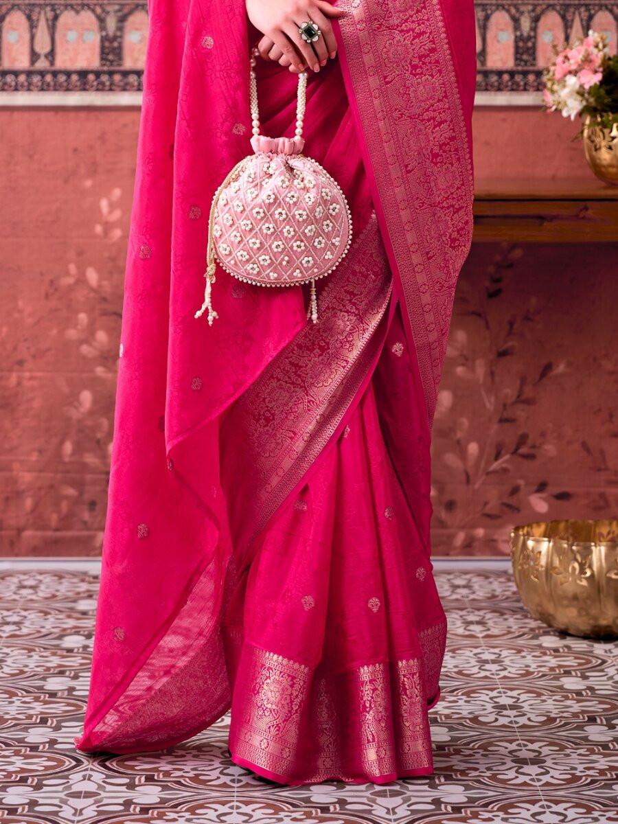 Pink Chinon Weaving Zari Printed Wedding Reception Party Festival Casual Heavy Border Sarees