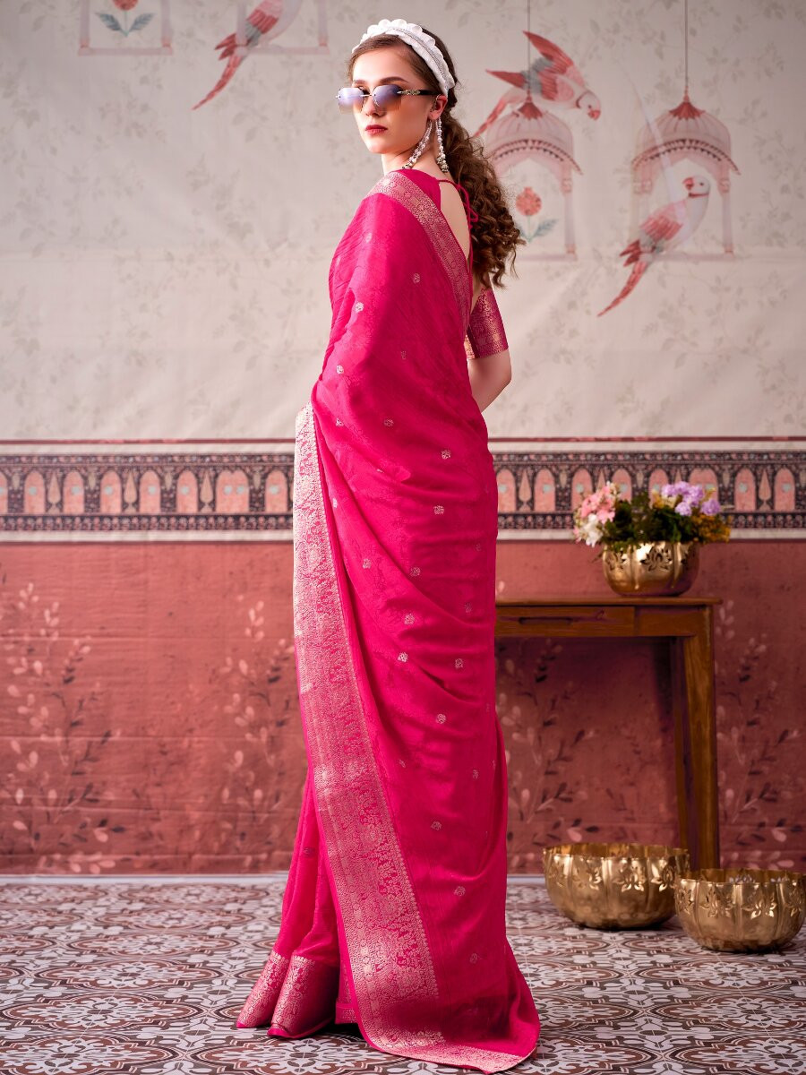 Pink Chinon Weaving Zari Printed Wedding Reception Party Festival Casual Heavy Border Sarees
