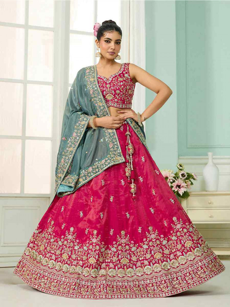 Image of Pink Cosmos Silk Embroidered Wedding Reception Festival Heavy Border Lehenga Choli