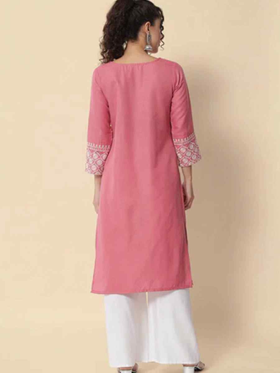 Pink Cotton Blend Embroidered Casual Festival Kurti
