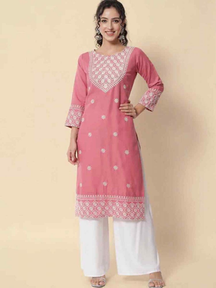Pink Cotton Blend Embroidered Casual Festival Kurti