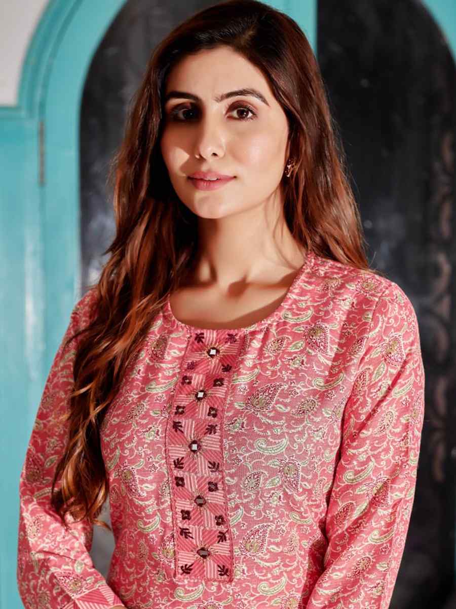 Pink Cotton Blend Embroidered Festival Casual Kurti with Bottom