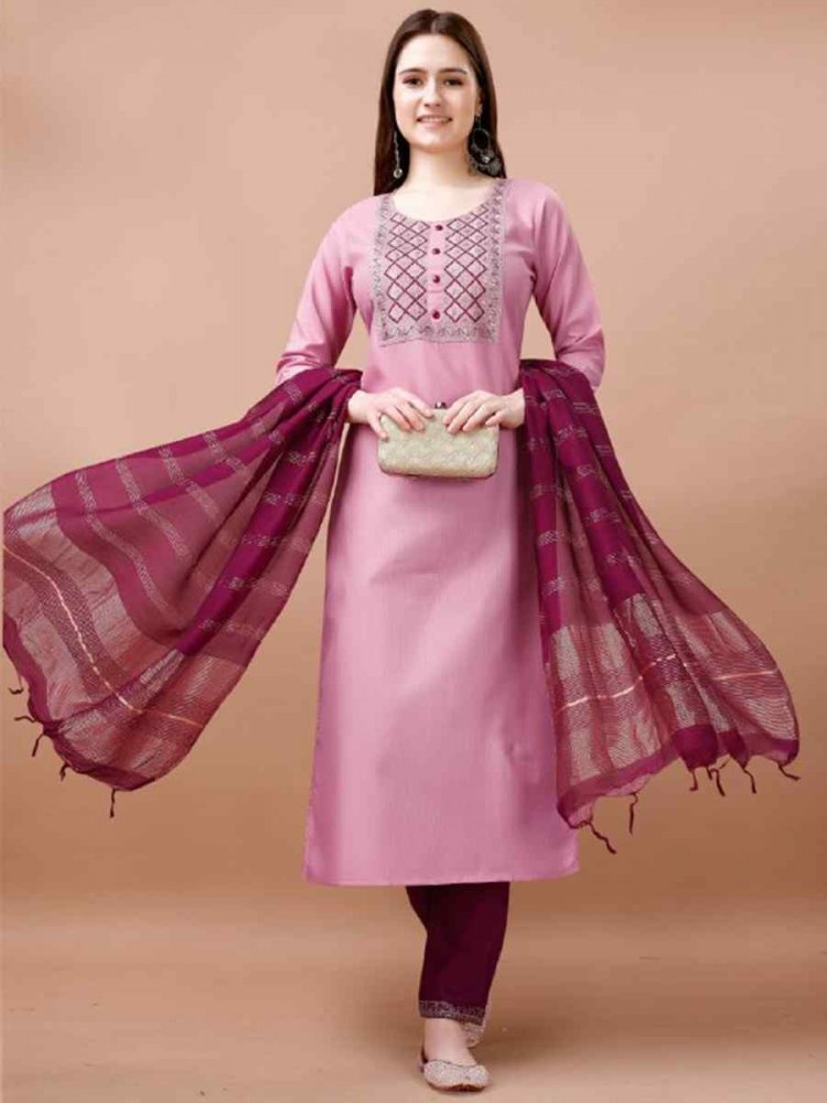 Pink Cotton Blend Embroidered Festival Casual Ready Pant Salwar Kameez