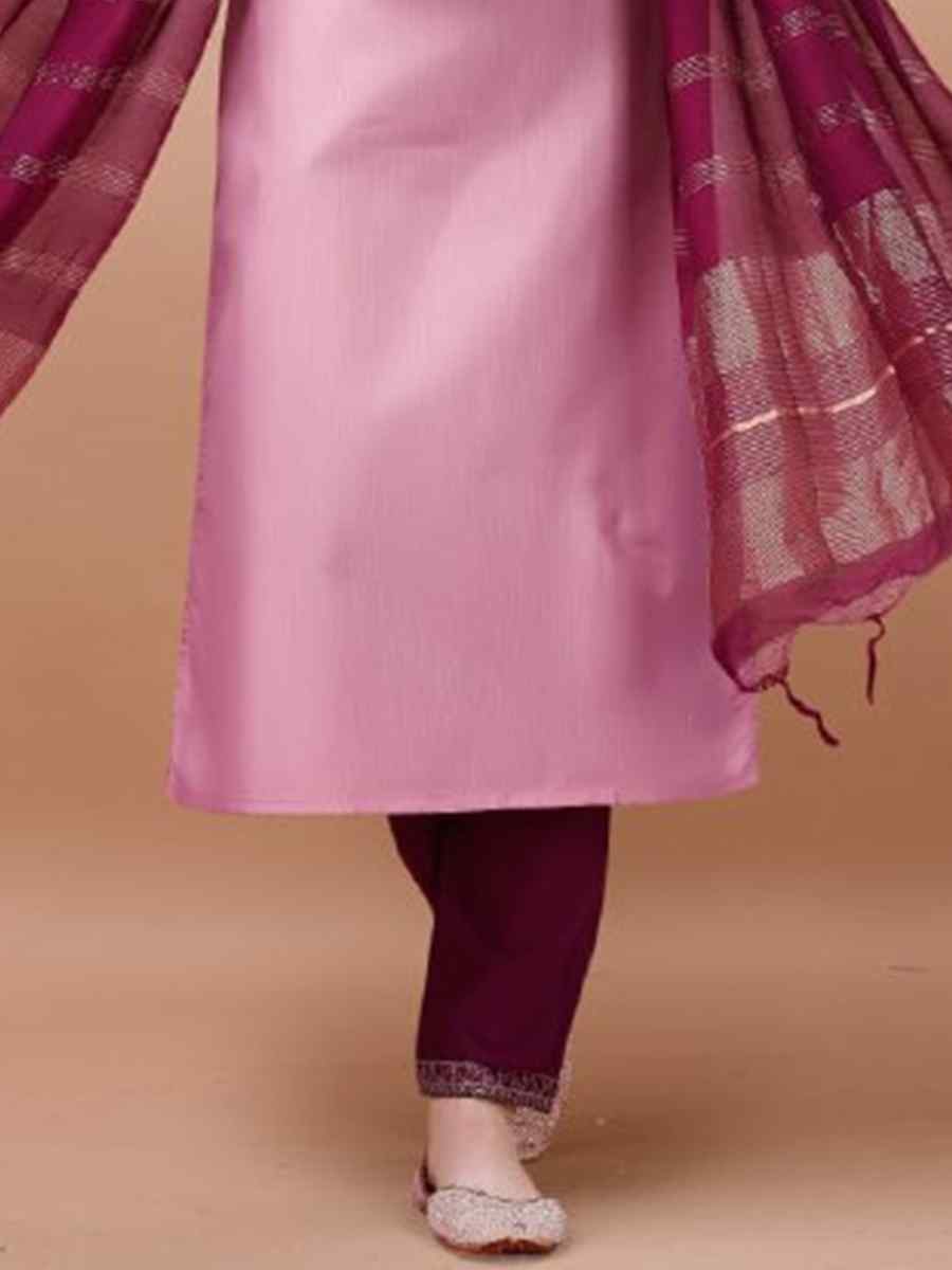 Pink Cotton Blend Embroidered Festival Casual Ready Pant Salwar Kameez