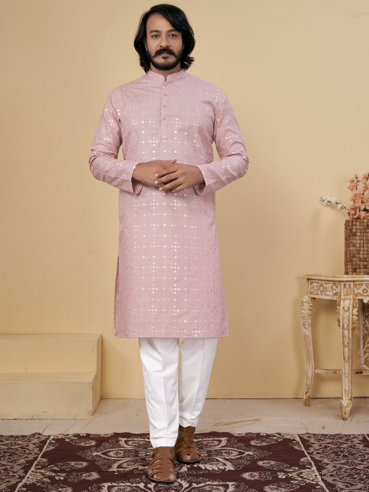 Pink Cotton Embroidered Festival Casual Kurta