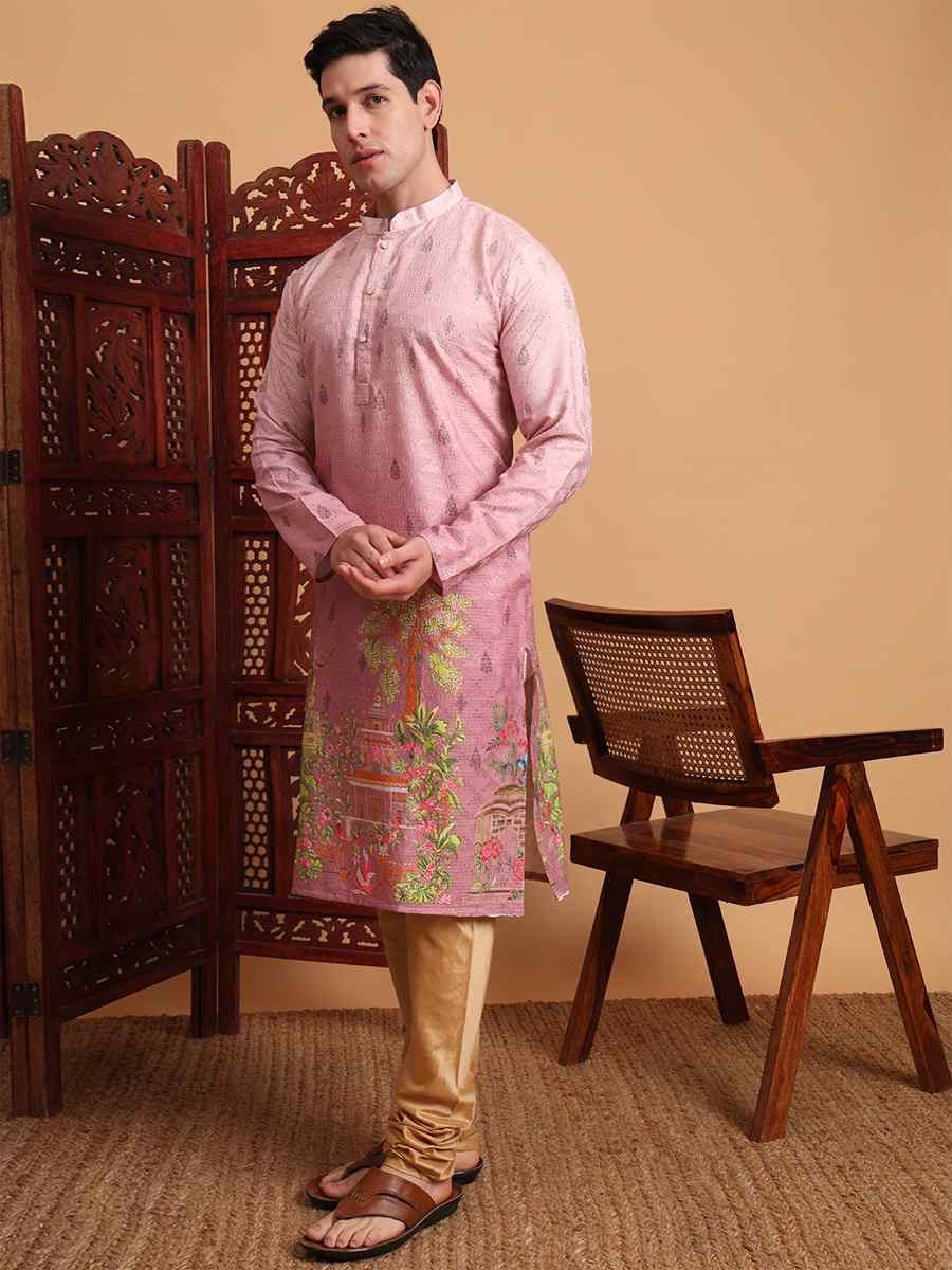 Pink Cotton Embroidered Festival Mehendi Kurta
