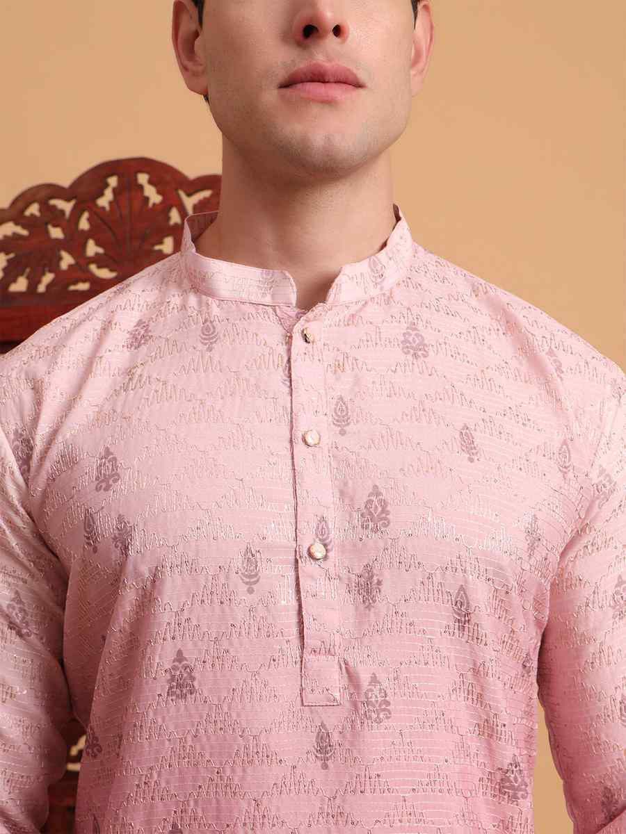 Pink Cotton Embroidered Festival Mehendi Kurta