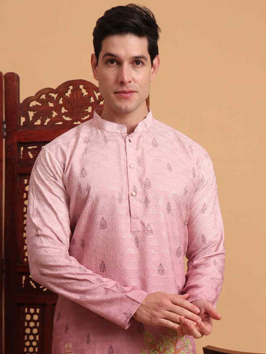 Pink Cotton Embroidered Festival Mehendi Kurta