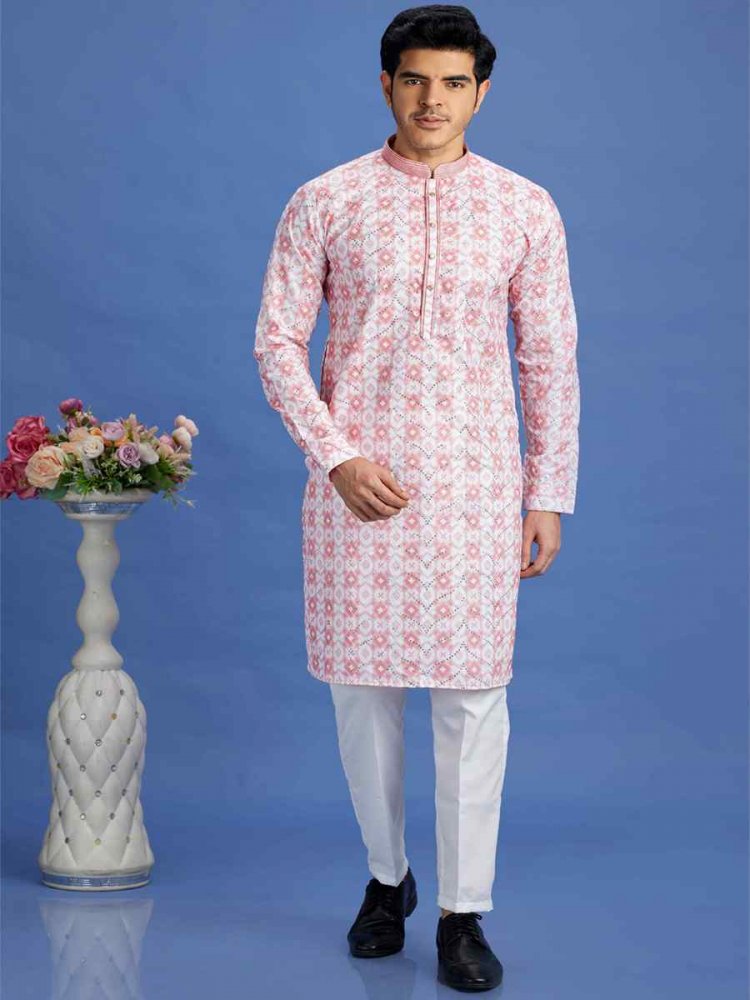 Pink Cotton Embroidered Festival Party Kurta