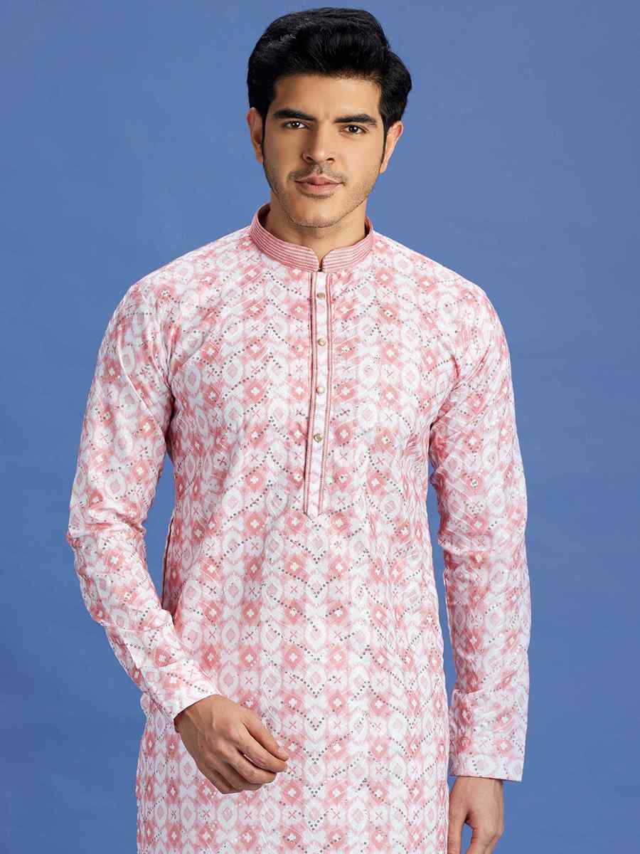 Pink Cotton Embroidered Festival Party Kurta