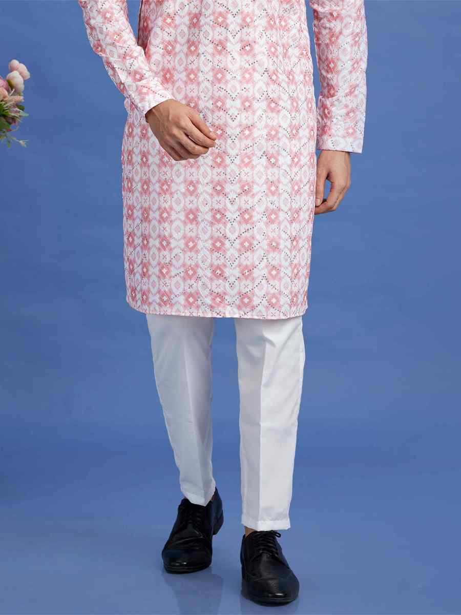 Pink Cotton Embroidered Festival Party Kurta