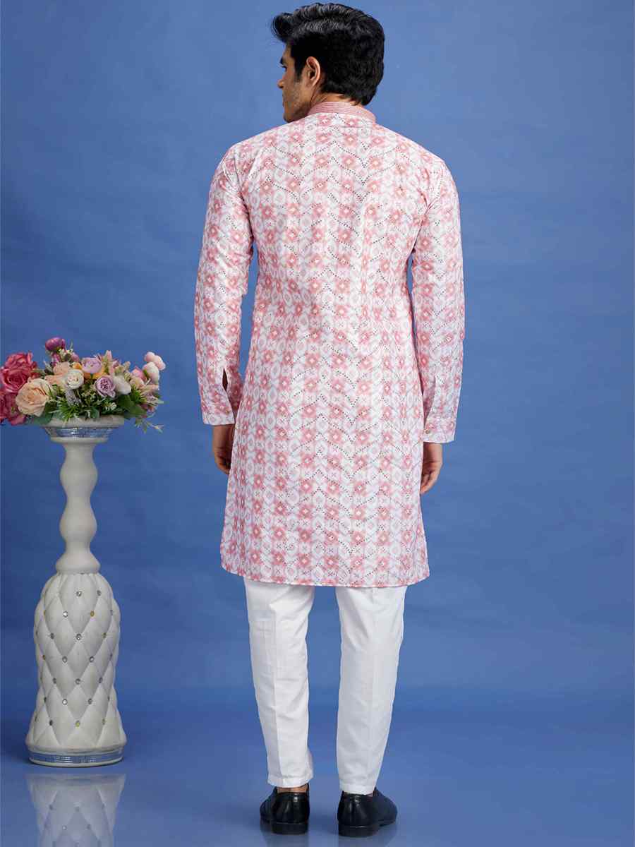 Pink Cotton Embroidered Festival Party Kurta