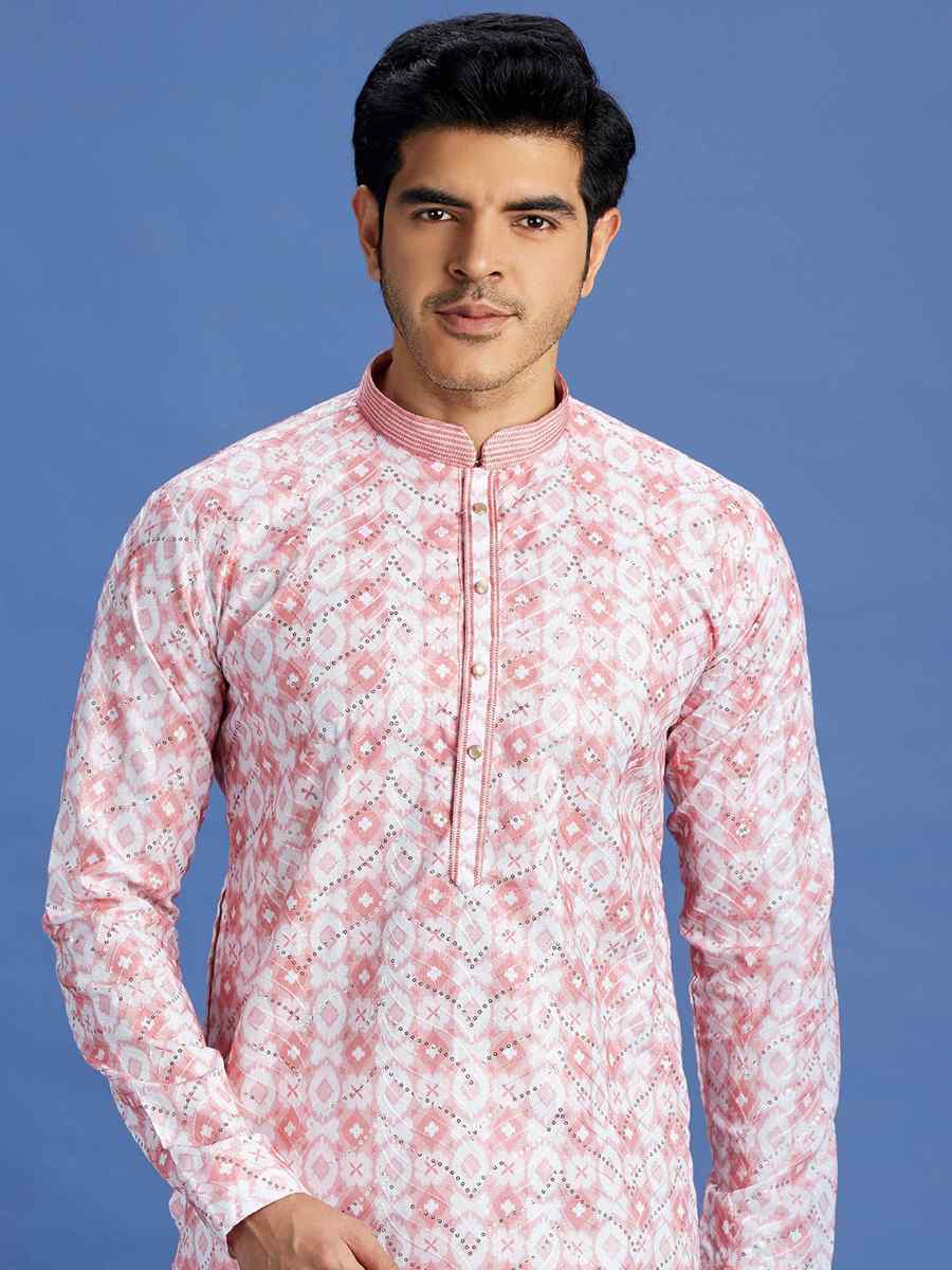 Pink Cotton Embroidered Festival Party Kurta