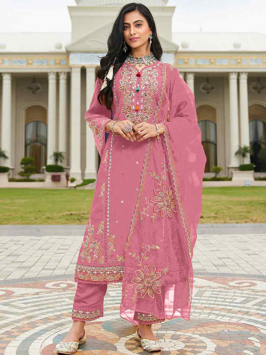 Pink Cotton Embroidered Festival Wedding Pant Salwar Kameez