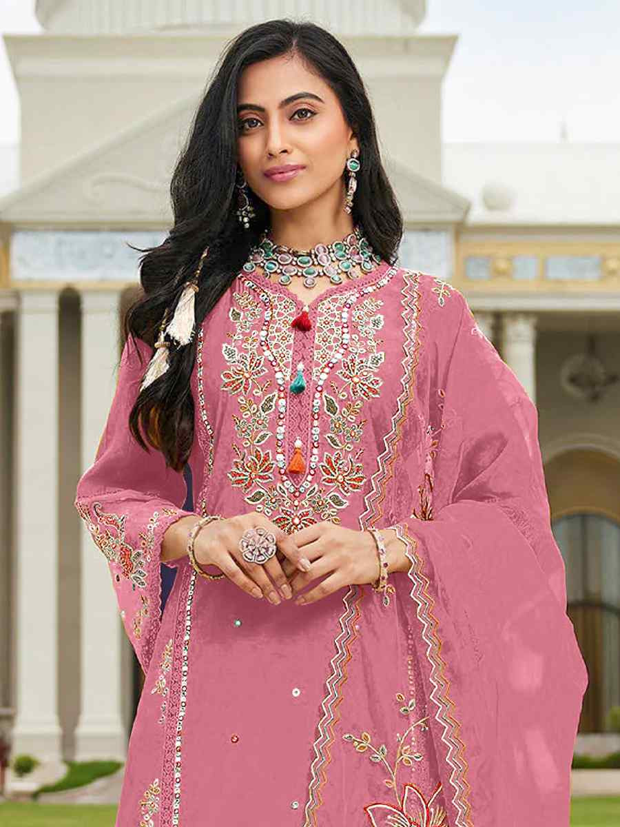 Pink Cotton Embroidered Festival Wedding Pant Salwar Kameez