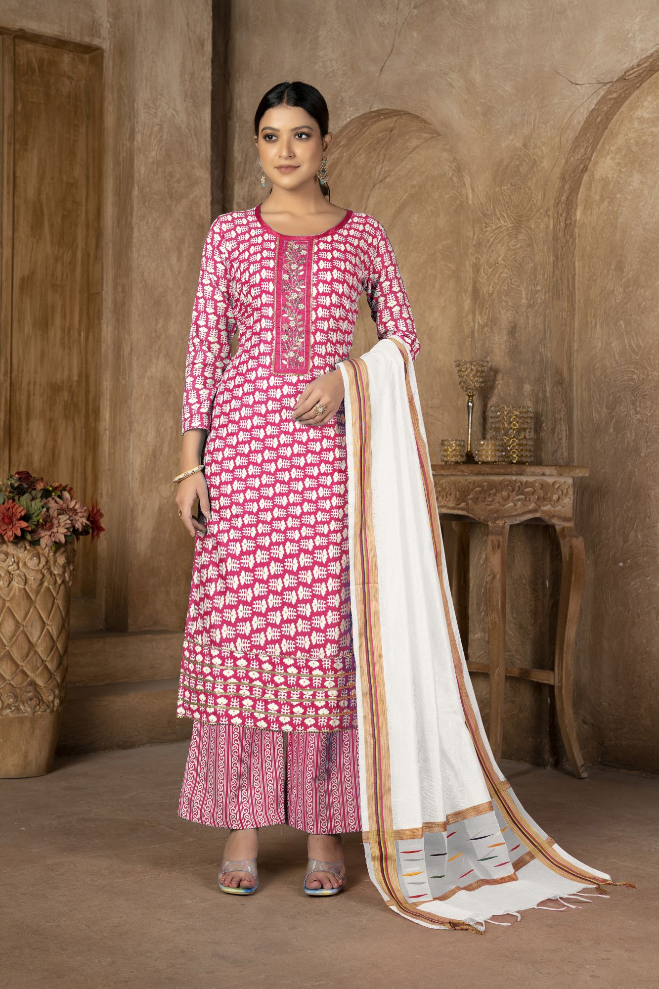 Pink Cotton Embroidered Party  Festival Pant Salwar Kameez
