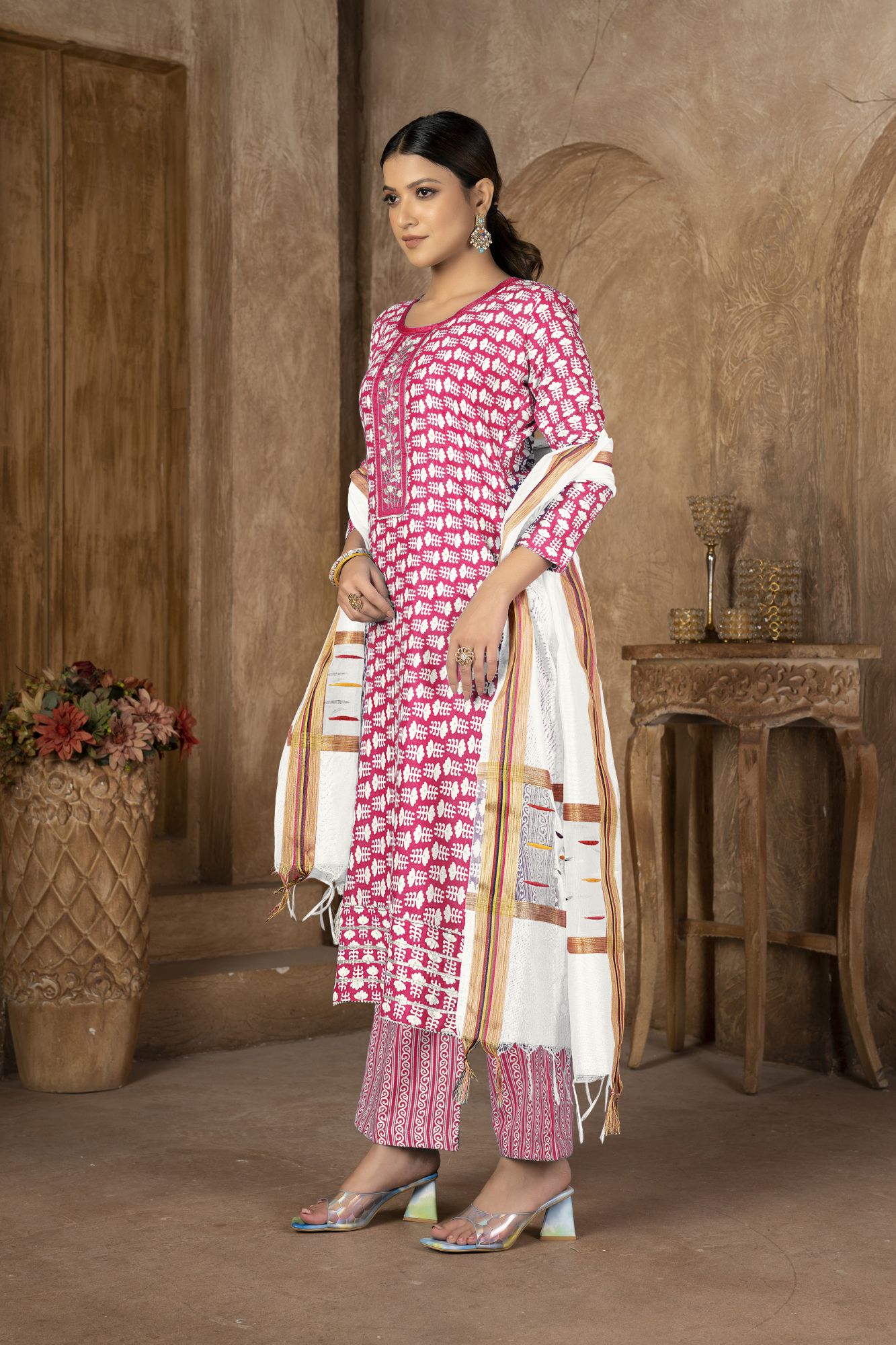 Pink Cotton Embroidered Party  Festival Pant Salwar Kameez