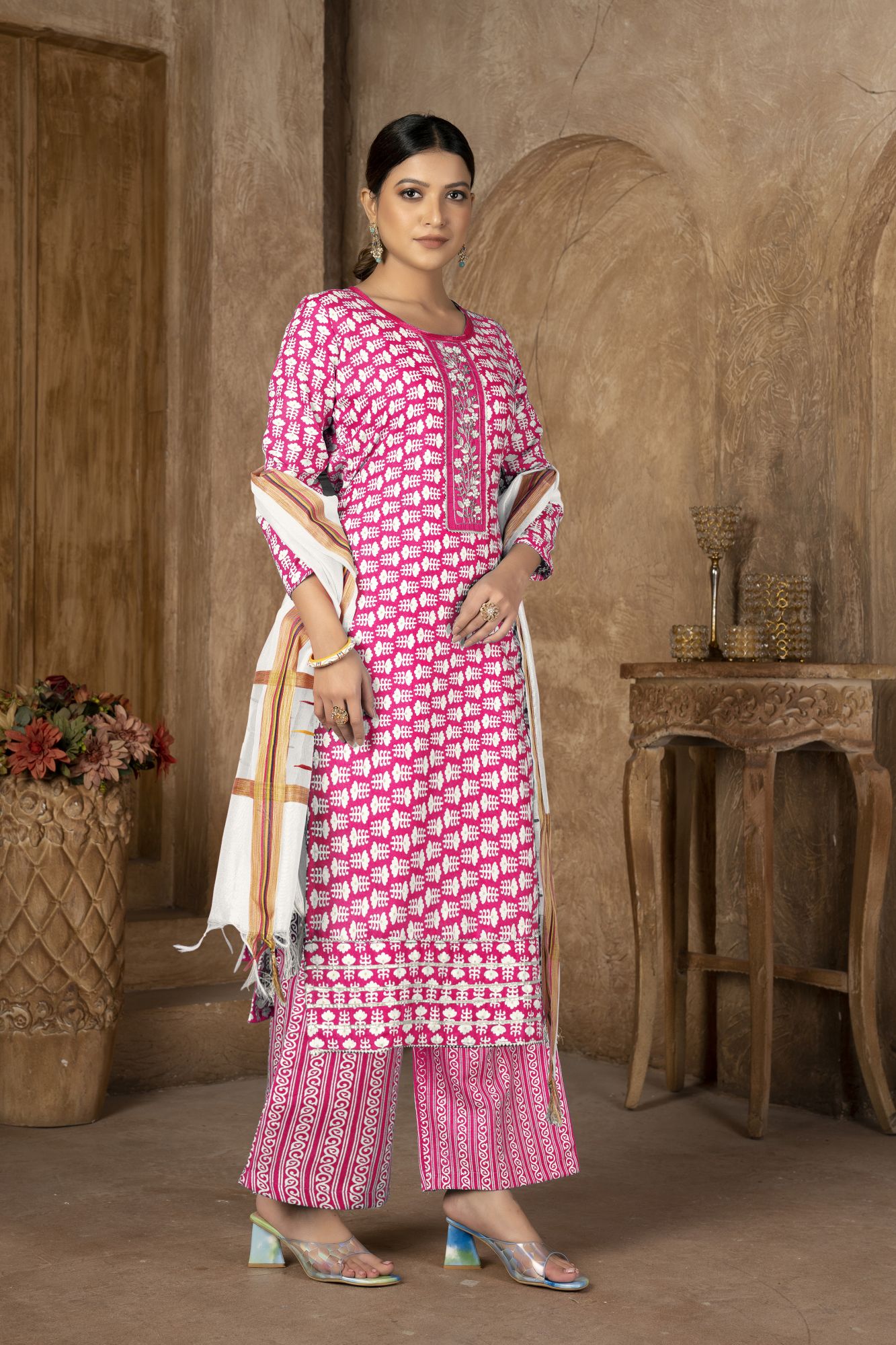 Pink Cotton Embroidered Party  Festival Pant Salwar Kameez