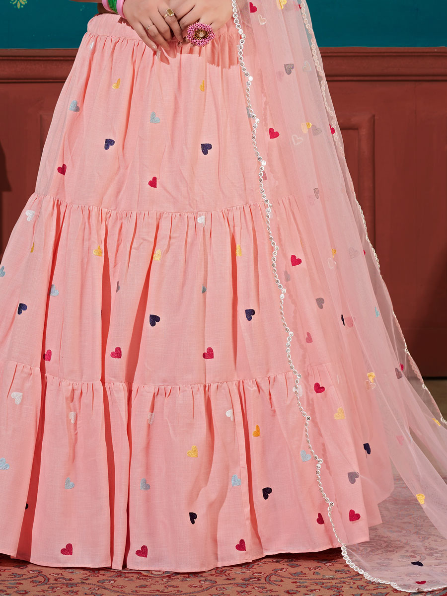 Pink Cotton Embroidered Party Lehenga Choli