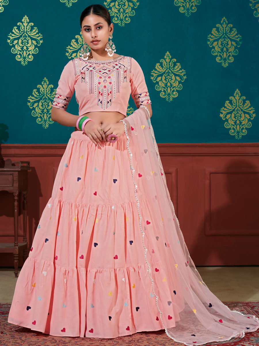 Pink Cotton Embroidered Party Lehenga Choli