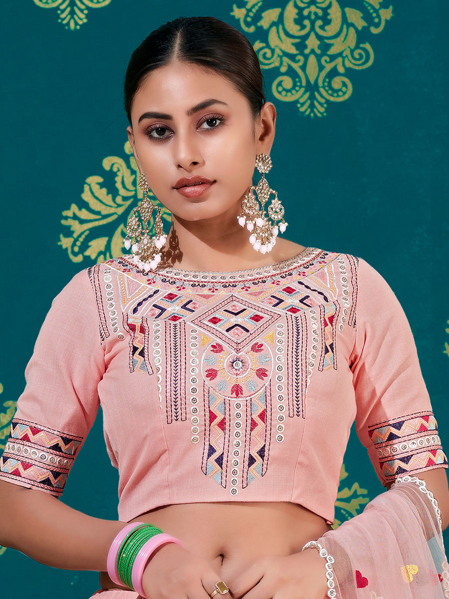 Pink Cotton Embroidered Party Lehenga Choli